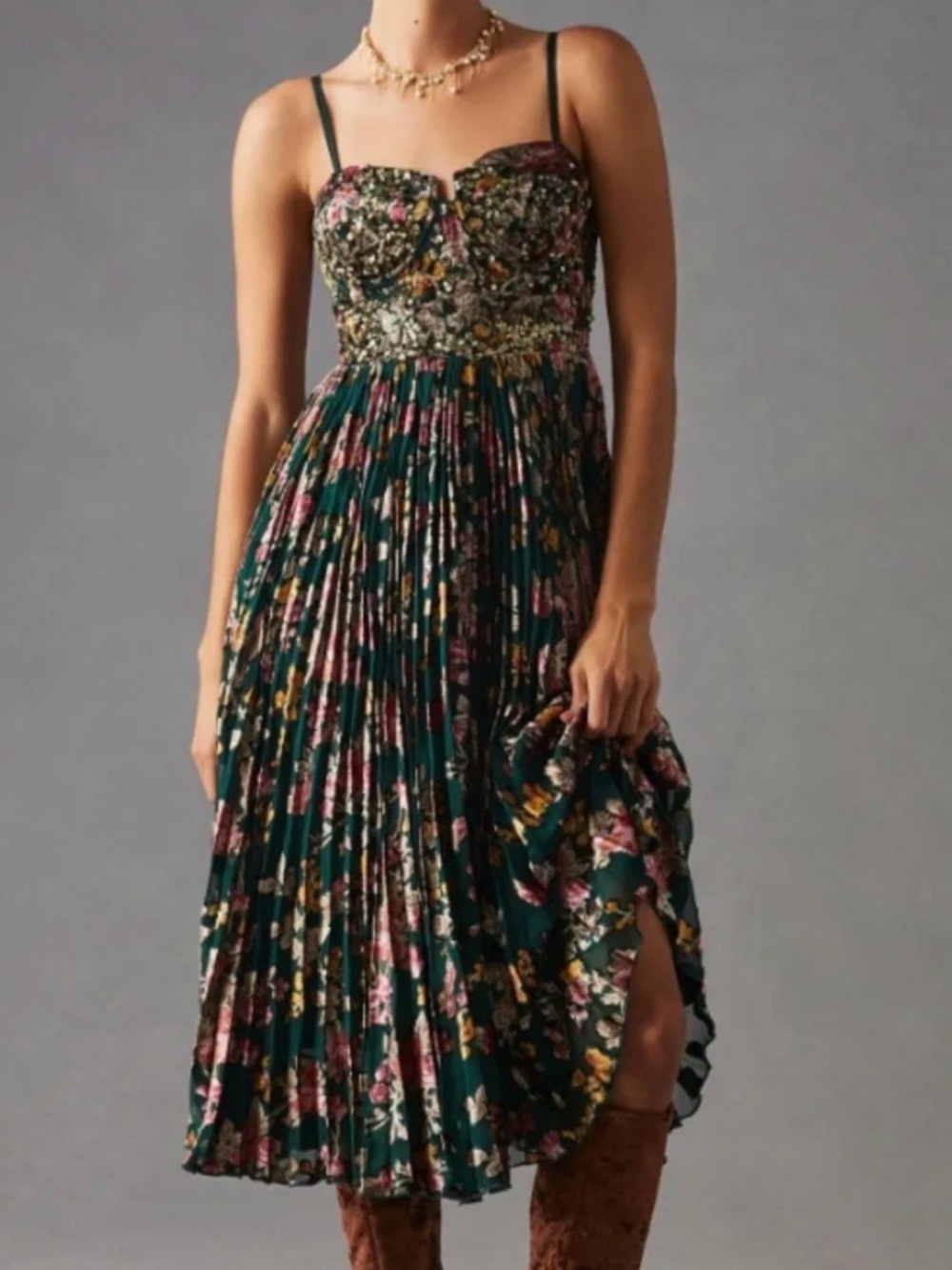Floral Pleated Midi Dress with Spaghetti Straps - Green Floral